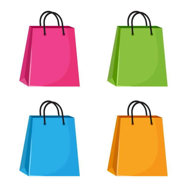 다채로운 쇼핑 종이 봉투의 집합입니다. 벡터 일러스�트 - shopping bag orange bag handle stock illustrations
