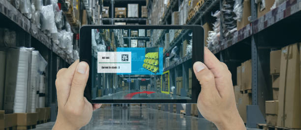 istock smart retail concept, A customer can check what data of real time insights into shelf status which report on a tablet from artificial intelligence(ai) smart tablet while scanning goods, price 1142508432