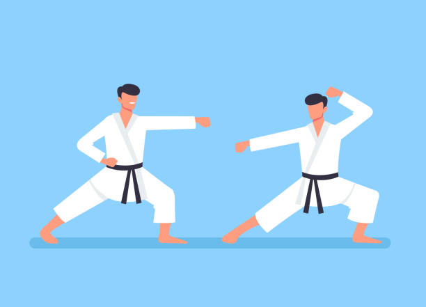 Two sport karate man characters fight. Sport training concept. Vector flat cartoon graphic design illustration Two sport karate man characters fight. Sport training concept. Vector flat cartoon graphic design karate illustrations stock illustrations