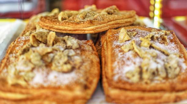 Tipical and delicious spanish pastry display case on a coffee shop
