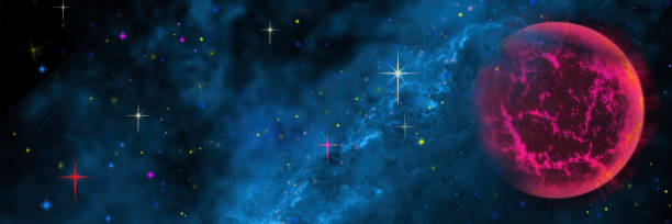 istock Vivid Iridescent Planet Emerging from Teal Nebula in Outer Space - Space Scene with Copy Space 1142511429