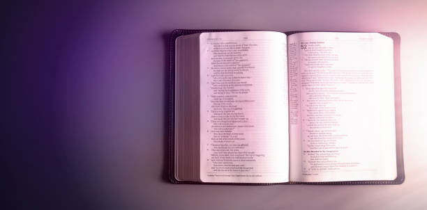A Single Bible Open on a Gray and Purple Surface
