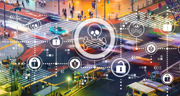 istock Virus and scam theme with city traffic intersection 1142520180