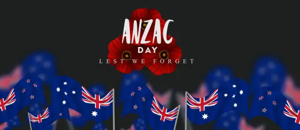 Vector illustration of anzac day lest we forget, waving australia and new zealand flag with red poppies vector illustration