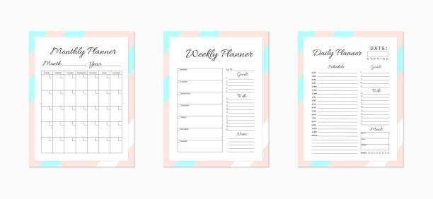 istock Daily,  weekly and monthly planner templates. Blank white, pink and blue planner pages isolated on white. Business organizer page. Time-management concept. Stationery vector illustration. 1142521081