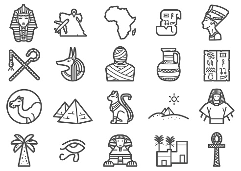 There is a set of icons about Egypt Travel and  related Ancient Egypt in the style of Clip art.
