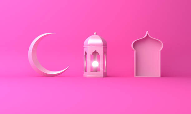 istock Arabic lantern, crescent moon, window on pink pastel background. 1142529994