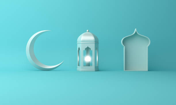 istock Arabic lantern, crescent moon, window on blue pastel background copy space text. 1142530908
