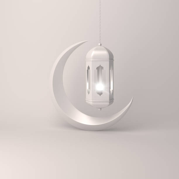 istock Crescent moon and arabic hanging lamp on white background studio lighting 1142530915