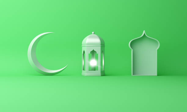 istock Arabic lantern, crescent moon, window on green pastel background copy space text. 1142531477