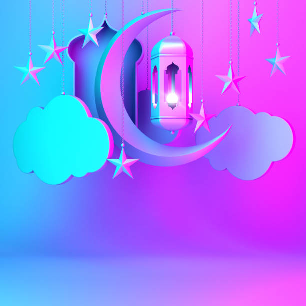 istock Arabic lantern,cloud, crescent star, window on blue pink gradient background copy space text 1142531540