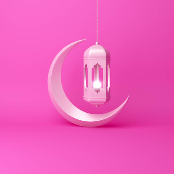 istock Crescent moon and arabic hanging lamp on pink pastel background studio lighting. 1142531544