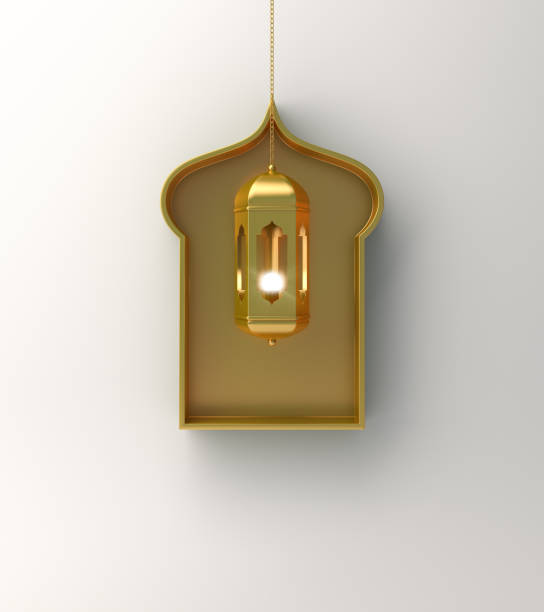 istock Gold arabic window shelf and hanging lantern on white background. 1142531555