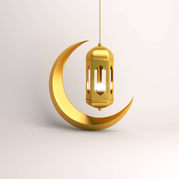 Gold crescent moon and arabic hanging lamp on white background studio lighting. Gold crescent moon and arabic hanging lamp on white background studio lighting. Copy space text, design creative concept for islamic celebration day ramadan kareem or eid al fitr adha. 3d rendering. islam moon stock pictures, royalty-free photos & images