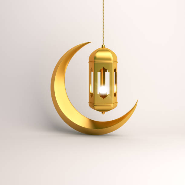 gold crescent moon and arabic hanging lamp on white background studio lighting. - god spirituality religion metal imagens e fotografias de stock