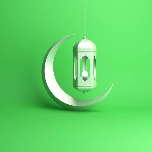 istock Crescent moon and arabic hanging lamp on green pastel background studio lighting. 1142531612