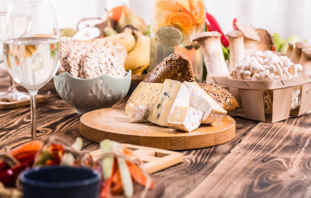 different products on the table, cheese, bread