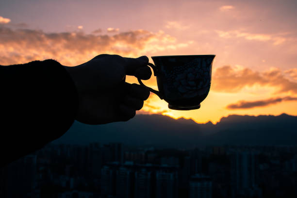 Man's hand holding coffee cup at sunset