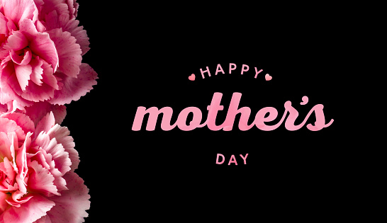 event design concept - top view of pink carnation with greeting word on black background for mothers day event with copy space for mock up