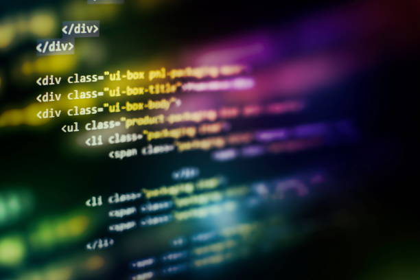 CSS, JavaScript and HTML usage. Monitor closeup of function source code. Abstract IT technology background. Software source code. Website HTML Code on the Laptop Display Closeup Photo. Desktop PC monitor photo. python programming language photos stock pictures, royalty-free photos & images