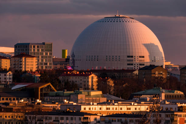 Stockholm, Sweden April 13, 2019 The skyline and the Globe Arean seen from the  Fafangan promontory above the town.