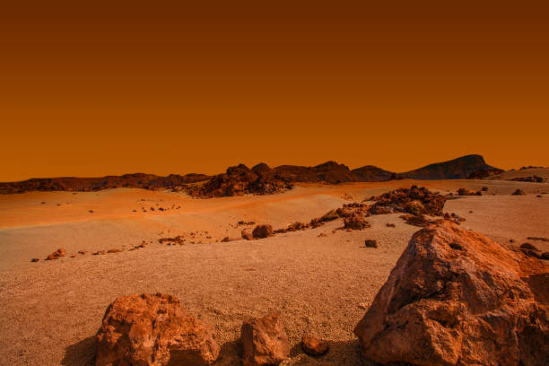 paisaje en el planeta marte, escena pintoresca del desierto en el planeta rojo - mars fotografías e imágenes de stock