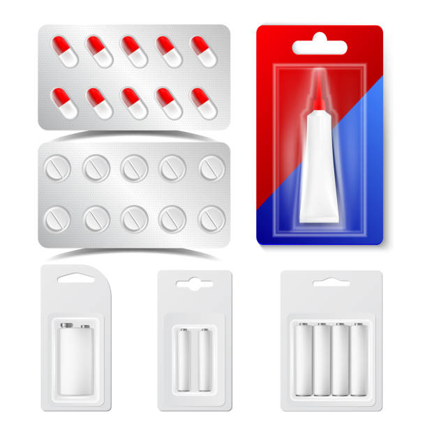 наркотики, таблетки, волдыри, батареи вектор реалистичный набор - cylinder box packaging three dimensional shape stock illustrations