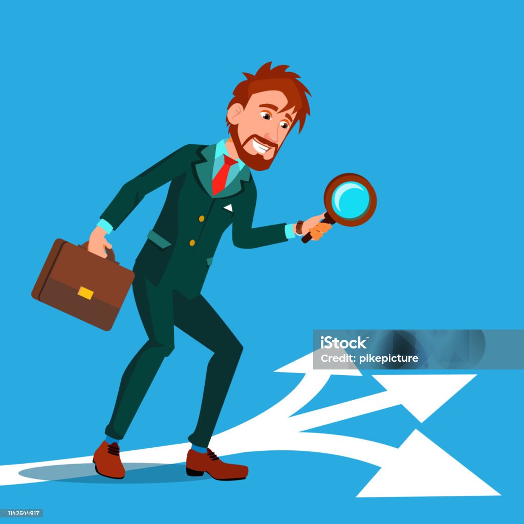 Detective Investigating, Searching Clues Cartoon Vector Character Detective Investigating, Searching Clues Cartoon Vector Character. Man Finding Clues At Crime Scene. Guy Holding Magnifying Glass, Briefcase Drawing. Businessman Choosing Path, Road Flat Illustration Detective stock vector