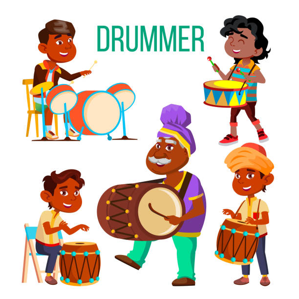 барабанщики с использованием этнических ударных векторных персонажей набор - cymbal drumstick music percussion instrument stock illustrations