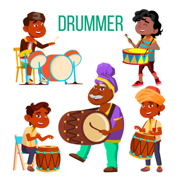 Drummers Using Ethnic Percussion Vector Characters Set Drummers Using Ethnic Percussion Vector Characters Set. Cartoon Dark Skin Drummers Isolated Cliparts Pack. Teenager At Drum Kit. Musicians Playing African, Arabic, Indian Folk Music Flat Illustration cartoon of a african bongo drums stock illustrations