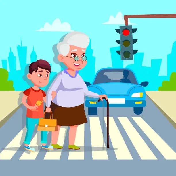 Vector illustration of Boy Helping Senior Woman Crossing Street Vector Drawing