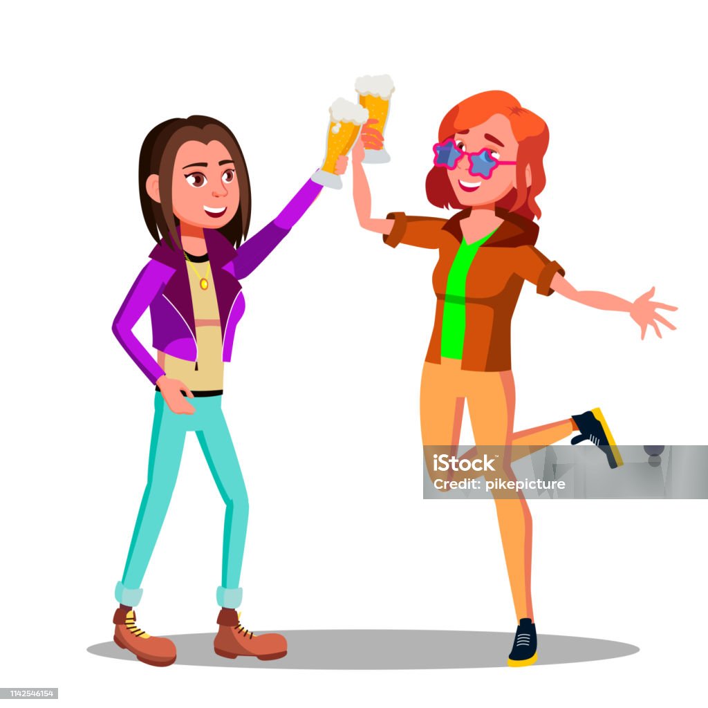 Girlfriends At Party Clinking Beer Glasses Vector Characters Girlfriends At Party Clinking Beer Glasses Vector Characters. Girls Clinking, Drinking Alcoholic Beverages In Night Club Clipart. Cheerful Friends Celebrating, Relaxing In Bar Flat Illustration Adult stock vector