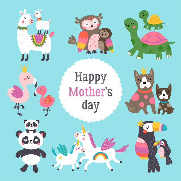 dzień matki słodkie zwierzęta ustawione z matką i jej dzieckiem. - dog education school cartoon stock illustrations