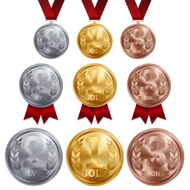 istock A set of gold, silver and bronze medals, the first, second and third place. Winner, champion, number one, two, three. Red ribbon. Isolated on white background. Realistic illustration. Sports theme. 1142548412