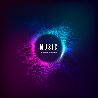 Radial sound wave curve with light particles. Colorful equalizer visualisation. Abstract colorful cover for music poster and banner. Vector illustration background