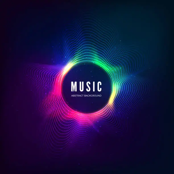 Vector illustration of Radial sound wave curve with light particles. Colorful equalizer visualisation. Abstract colorful cover for music poster and banner. Vector illustration