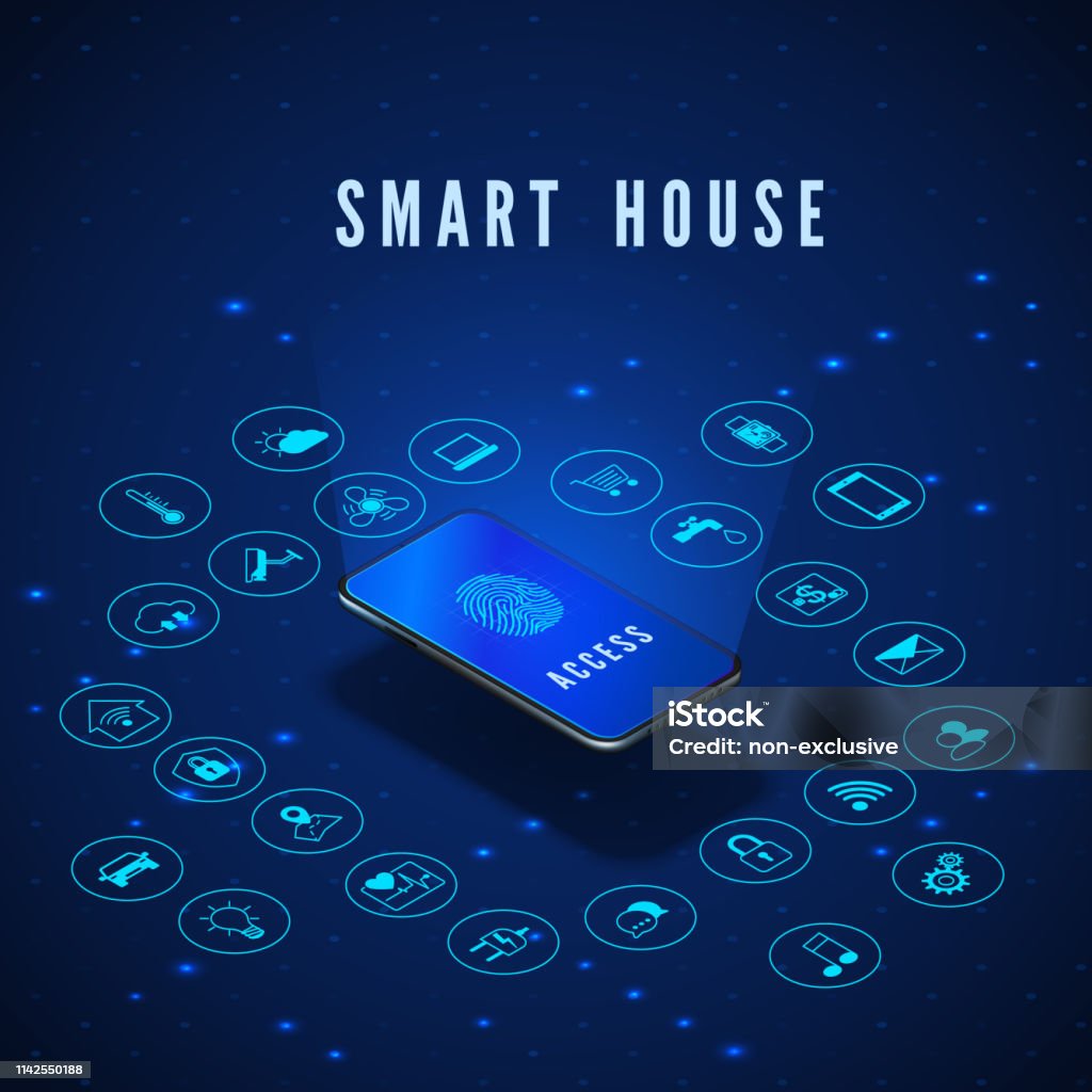 Smart House Banner. Smartphone with Fingerprint on Screen and Icons Set. Smart Home Monitoring and Control Systems. Vector Illustration Appliance stock vector Smart House Banner. Smartphone with Fingerprint on Screen and Icons Set. Smart Home Monitoring and Control Systems. Vector Illustration Appliance stock vector