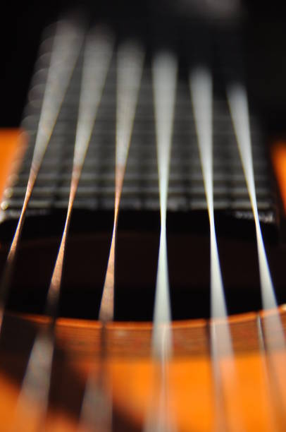 istock Classical guitar. Issuing a stringed instrument sounds. Fretboard, strings and resonation 1142550342