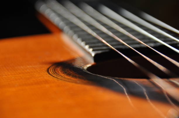 istock Classical guitar. Issuing a stringed instrument sounds. Fretboard, strings and resonation 1142550351
