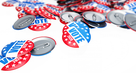 vote election badge button for 2020 background, vote USA 2020, 3D illustration, 3D rendering