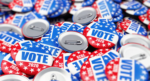 vote o botão do emblema da eleição para o fundo 2020, vote eua 2020, ilustração 3d, rendição 3d - usa - fotografias e filmes do acervo