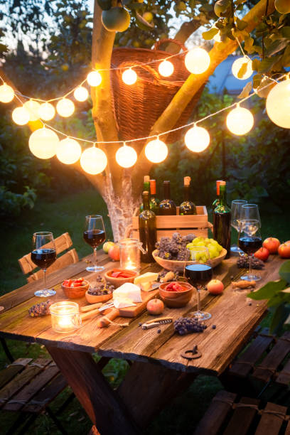 istock Rustic table with appetizers and wine in illuminated garden 1142556129