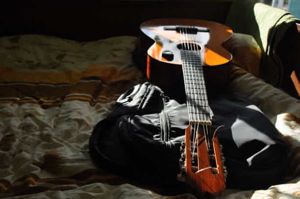 istock Classical guitar. Issuing a stringed instrument sounds. Fretboard, strings and resonation 1142557710