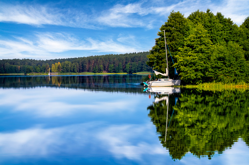 Vacations in Poland - sailboat in marina by the Golun lake, Kaszuby land, Pomorskie province