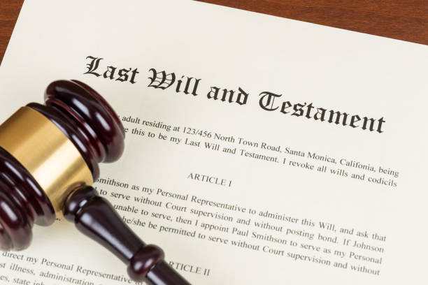 Last will and testament with wooden judge gavel; document is mock-up not real Last will and testament with wooden judge gavel; document is mock-up not real Probate after death stock pictures, royalty-free photos & images