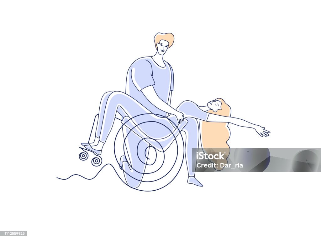 Wheelchair dance club. Disabled people sport leisure. Man and woman couple with disabilities dancing simple line vector illustration Wheelchair dance club. Disabled people sport leisure. Man and woman couple with disabilities dancing simple line vector illustration isolated on white background Active Lifestyle stock vector