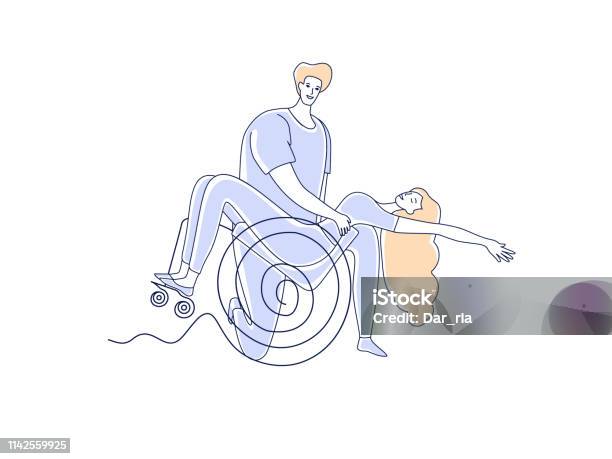 Wheelchair Dance Club Disabled People Sport Leisure Man And Woman Couple With Disabilities Dancing Simple Line Vector Illustration Stock Illustration - Download Image Now