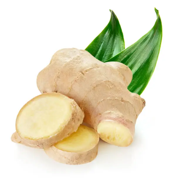 Ginger with leaves Isolated on a white