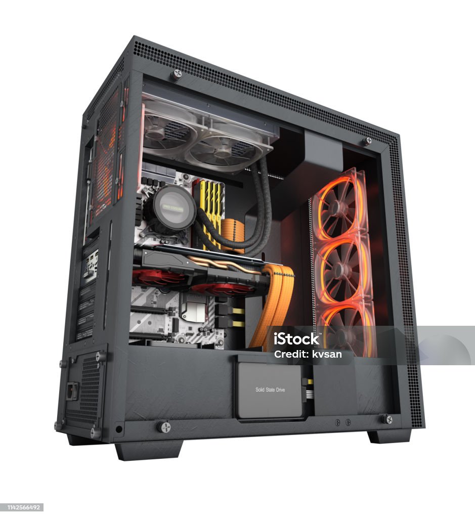 Open Faced Computer Open Computer With Red Lighting Effects And Water Cooled Cooling System ...