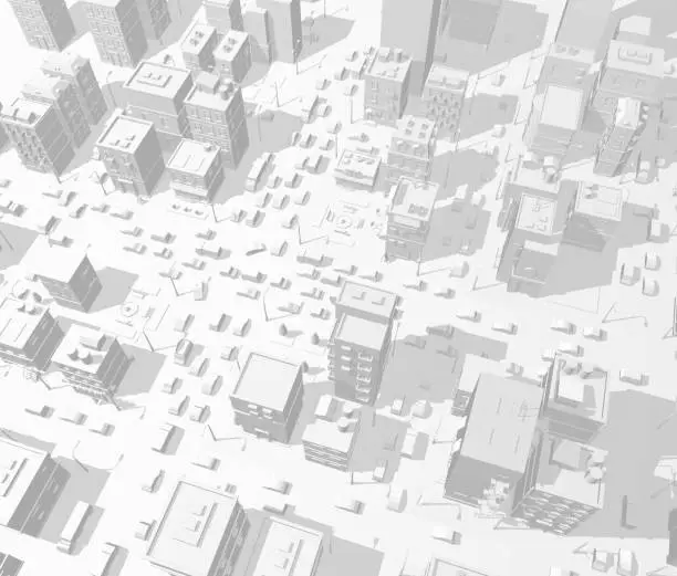 Vector illustration of 3d city buildings background street In light gray tones. Road Intersection traffic jam. High detail city view. Cars end cityscape top view. Vector illustration.